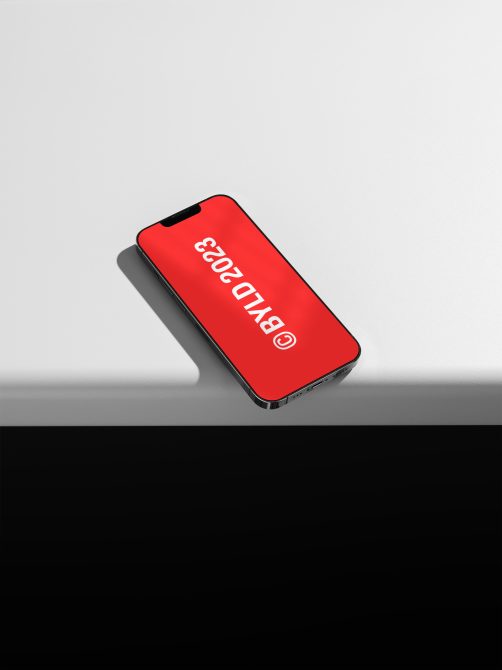 Red iPhone mockup angled on gray, white text branding on display