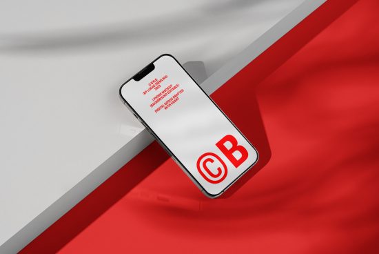 Modern smartphone mockup on red and white background with dynamic shadow, showcasing screen with design logo, ideal for app presentation, digital mockups.