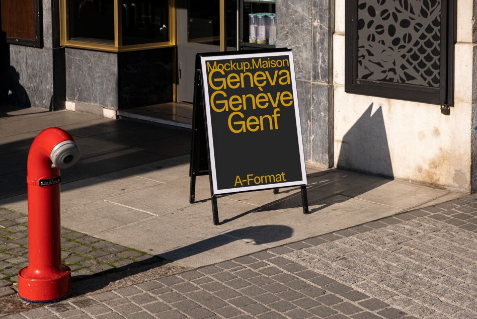 Street view showing a mockup A-frame signboard design template. Urban setting with pavement and fire hydrant. Ideal for poster and signage mockups.