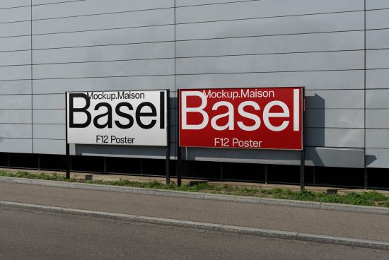 Outdoor advertising mockup of two billboards with black and red designs on a building wall for poster presentation, by Mockup Maison.