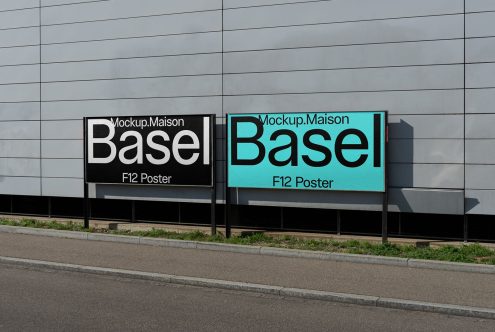 Outdoor billboard mockup depicting two side-by-side posters on a modern building facade, showcasing urban advertising in a realistic setting for designers.