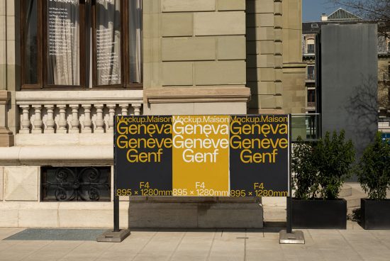 Urban billboard mockup displaying various font types for advertising, placed in front of classic architecture, perfect for designers.