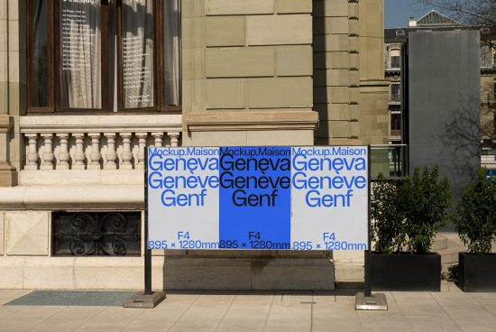 Outdoor poster mockup display in urban setting showcasing multiple font styles, suitable for Templates, Graphics, and Fonts categories.