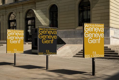 Outdoor street poster mockup display for advertising in urban setting with clear signage dimensions, ideal for graphic design presentations.