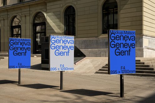 Outdoor advertising mockup of two billboards with blue graphics for designers, displaying text dimensions and branding in an urban setting.