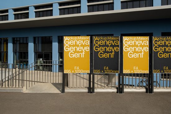 Outdoor advertising mockup series on urban poster panels showcasing different layout options for design presentations using yellow and black color scheme.