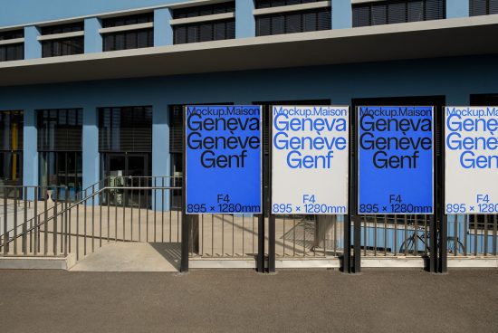Outdoor advertising mockups showcasing blue billboard posters with text specifications on building facade, ideal for urban advertising designs.
