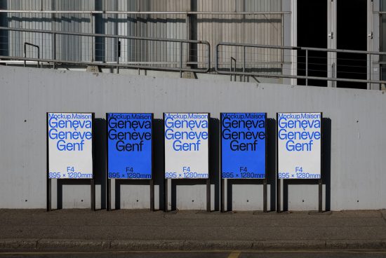 Five identical outdoor advertising mockup signs displaying blue and white branding text, aligned on a concrete sidewalk with urban background.
