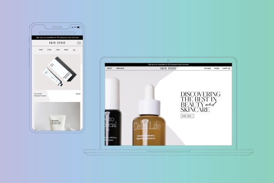 Responsive website design mockup on laptop and mobile screen for skincare brand, showcasing interface layout for web designers.