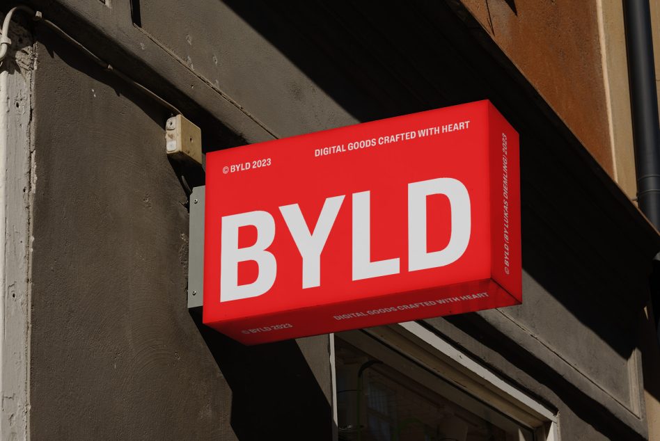 Street-level shop sign mockup in bright red with bold white typography, perfect for graphic design and branding display.