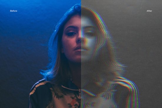 Split image showing portrait of a woman before and after a glitch effect, ideal for graphics category in a digital design assets marketplace.