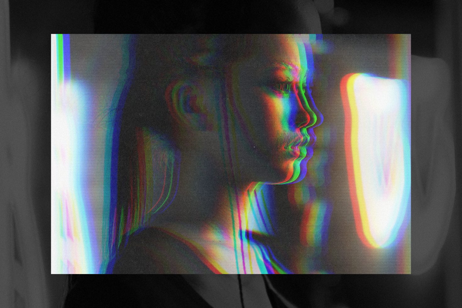 Profile of a female with glitch art effect, digital asset for modern graphic design projects, ideal for mockups and templates.