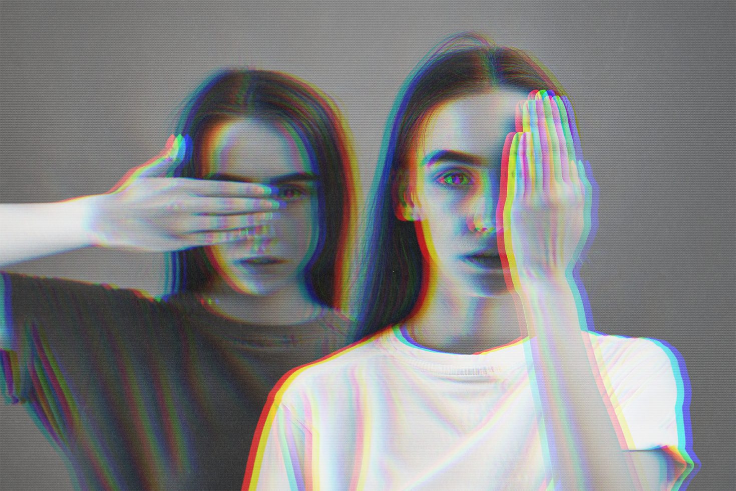 Two women with glitch effect for modern graphics design, portraying visual error concept, ideal for mockups and templates.