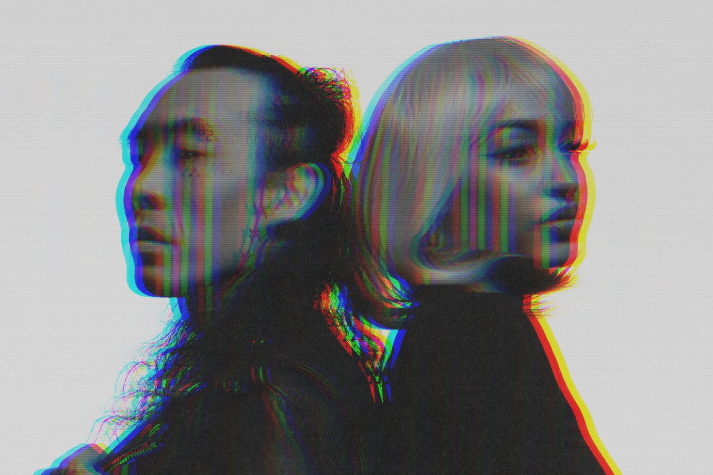 Double exposure portrait of man and woman with RGB glitch effect, high contrast, suitable for graphics category in designer assets.