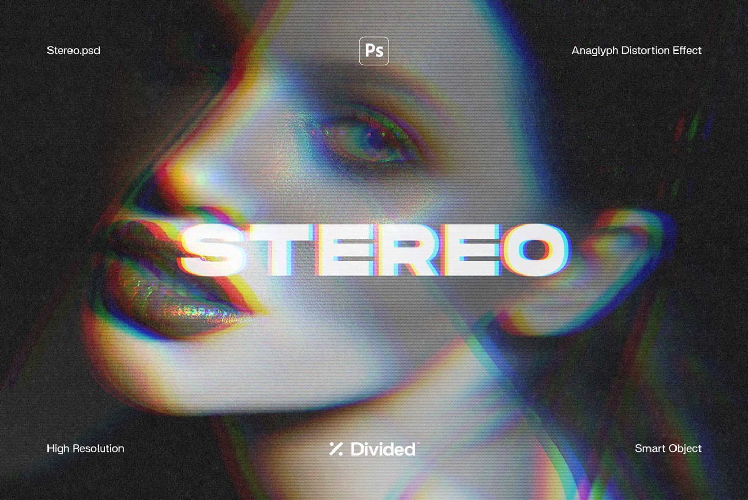 Photoshop mockup of anaglyph distortion effect on a female portrait with text "STEREO", showcasing high resolution, smart object layers.