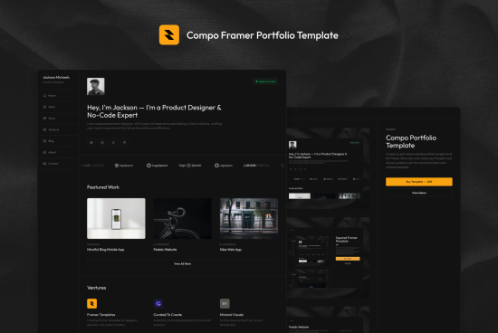 Professional dark-themed website template mockup for product designers displayed on monitors, showcasing portfolio layouts.