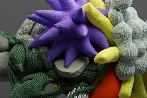 3D render of textured shapes resembling ropes and sea stars, vibrant colors, detailed textures, suitable for graphics and mockups.