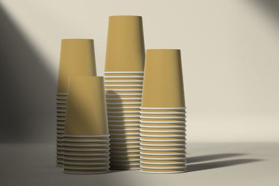3D rendered stack of minimalist golden cups with realistic shadows for product mockups, designers presentation, and portfolio display.