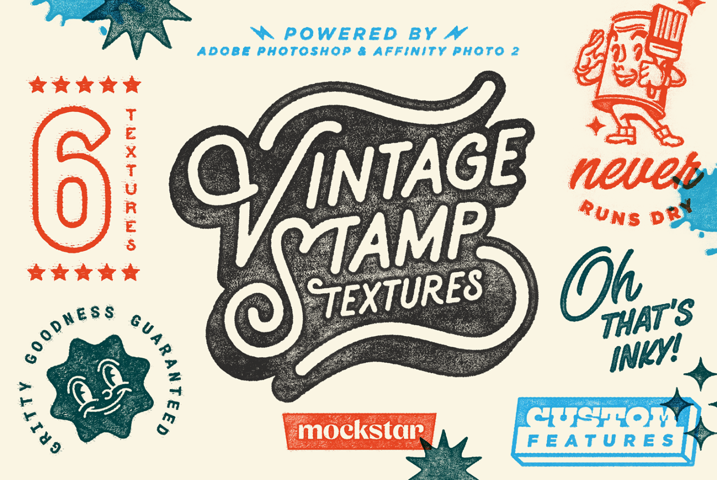 Retro-inspired mockup featuring vintage stamp textures with bold typography, designed for Photoshop & Affinity, perfect for graphic designers.