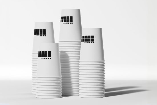 Stacked white paper cups with black square logo design for branding mockup template on a light background.
