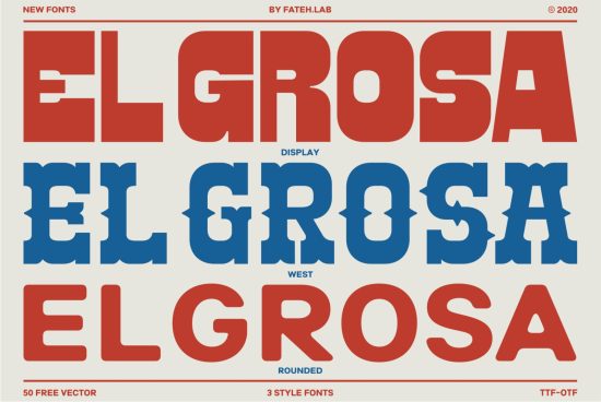 2020 El Grotesk font family in red and blue showcasing three styles—Display, West, Rounded—by Fateh.Lab. Includes TTF, OTF formats and 50 free vectors.
