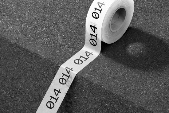 Monochrome graphic of a roll of tape with numbers unfurling on textured surface, ideal for mockups and contemporary design visuals.