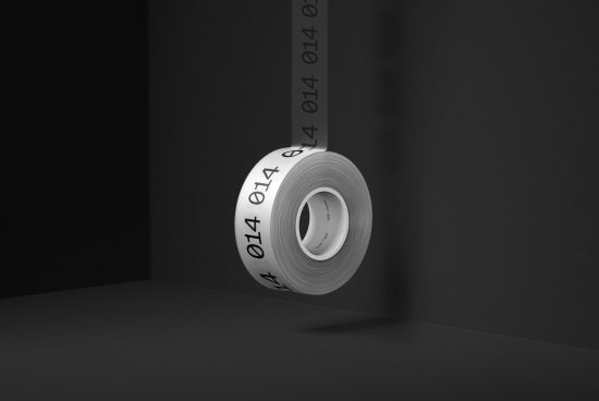 Roll of adhesive tape with numbers on dark background, showcasing product design and packaging, sleek monochrome aesthetic for mockup template.
