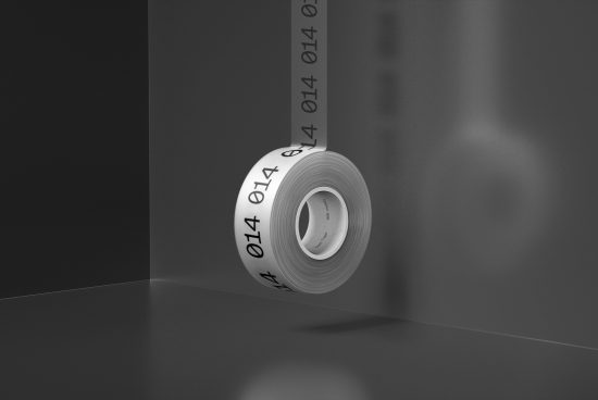 Realistic roll of measuring tape on gray background with shadow, perfect for mockup template and designers presentations.