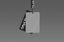 Gray ID badge mockup with black lanyard strap displaying Orbyts text centered