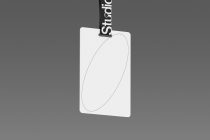 White lanyard badge mockup with black fabric strap on gray background