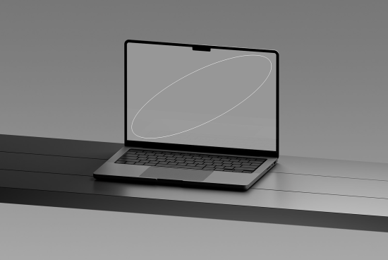Laptop mockup on gray background, minimalist design, digital device display template for website graphic presentation.