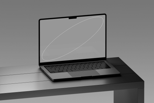 Modern laptop on sleek desk mockup for presentation, web design showcase, digital portfolio template with copyspace, minimalist style.