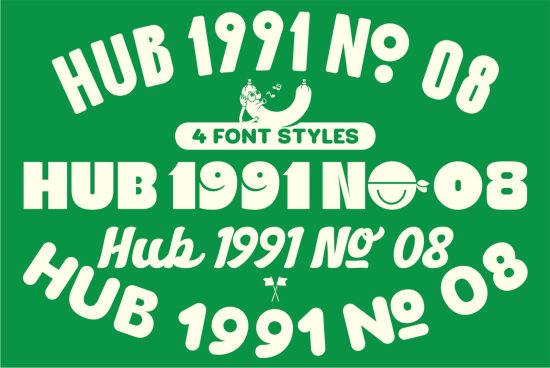Vintage font display HUB 1991 No 08 with four font styles, ideal for designer portfolio, retro typography presentation, and graphic design.