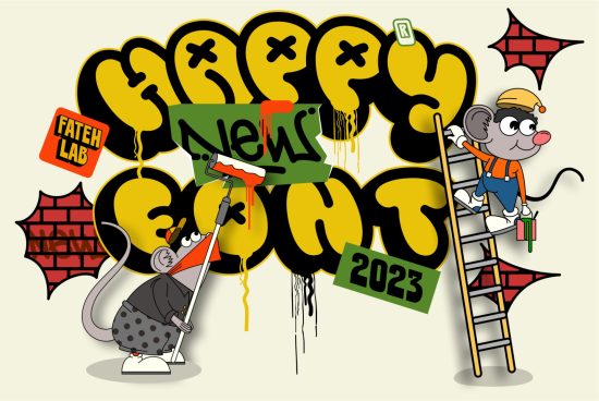Urban style vector illustration with cartoon mice graffiti artists painting 'New' on balloons, with brick motif and tag '2023', for graphic design.