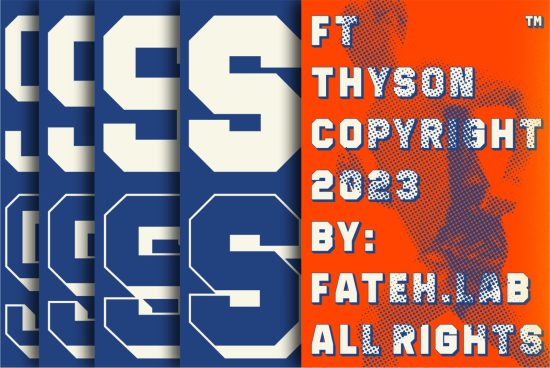 Bold sporty font preview in blue and orange with dynamic halftone design, perfect for team logos, jersey lettering, and various graphics.