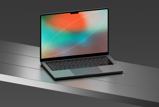 Modern laptop with vibrant screen on a sleek desk for mockup design, high resolution, professional workspace, graphic design mockup.