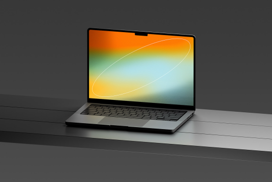 Professional laptop mockup on gray background with vibrant screen display, ideal for digital design presentations and tech showcases.