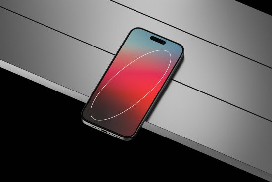 Smartphone on gray background with vibrant screen wallpaper, ideal for mockup designs and device presentations for designers.