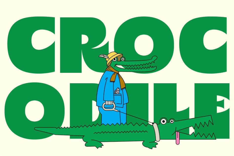 Vector graphic of stylized crocodile characters, one riding the other, with bold text CROCODILE, in vibrant colors for design template.