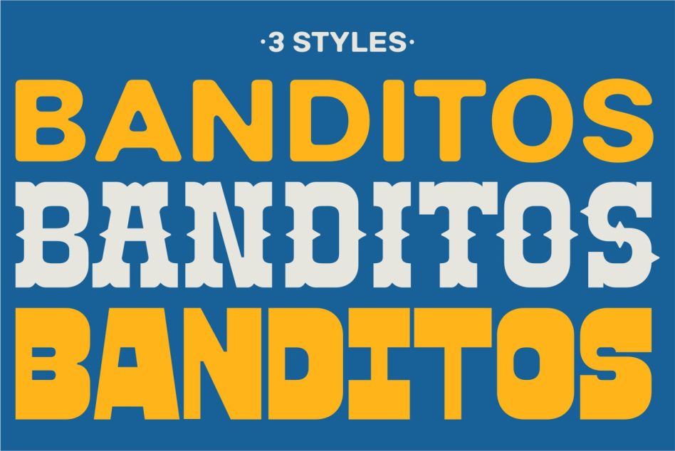 Bold typography graphic showing Banditos font in 3 styles for designers, perfect for use in creating impactful templates, graphics, and mockups.