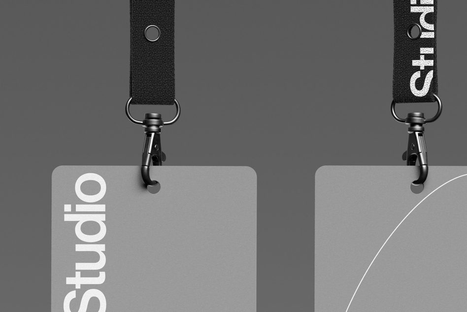 Lanyard and ID card mockup design on gray background, showcasing branding and identity design assets, perfect for graphic designers.