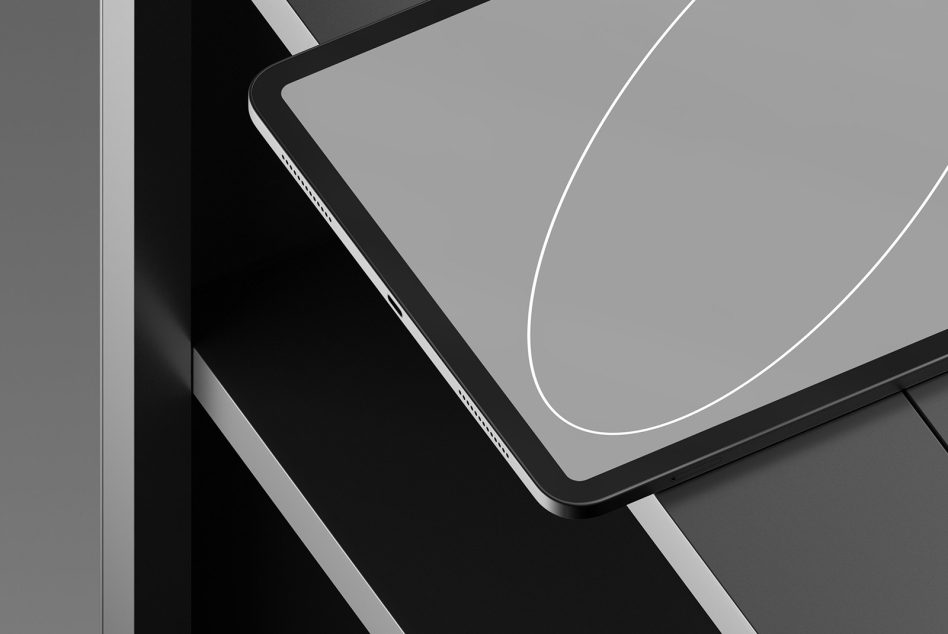 Close-up view of a modern tablet device mockup with sleek design, ideal for app UI presentation, digital art showcase, designers' portfolio.