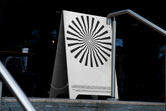 Outdoor graphic design display board with a black and white sunburst pattern, suitable for mockups and signage templates for designers.