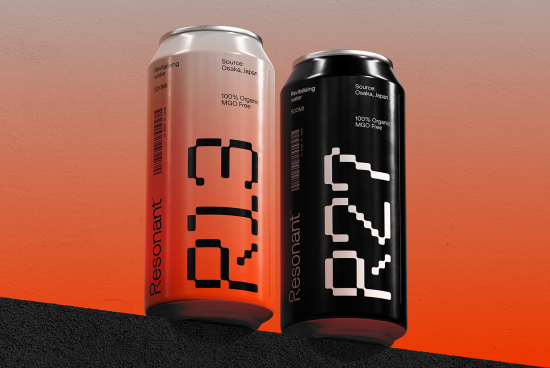 Two beverage can mockups with modern design, one orange and one black, both against an orange and grey background ideal for product presentations.