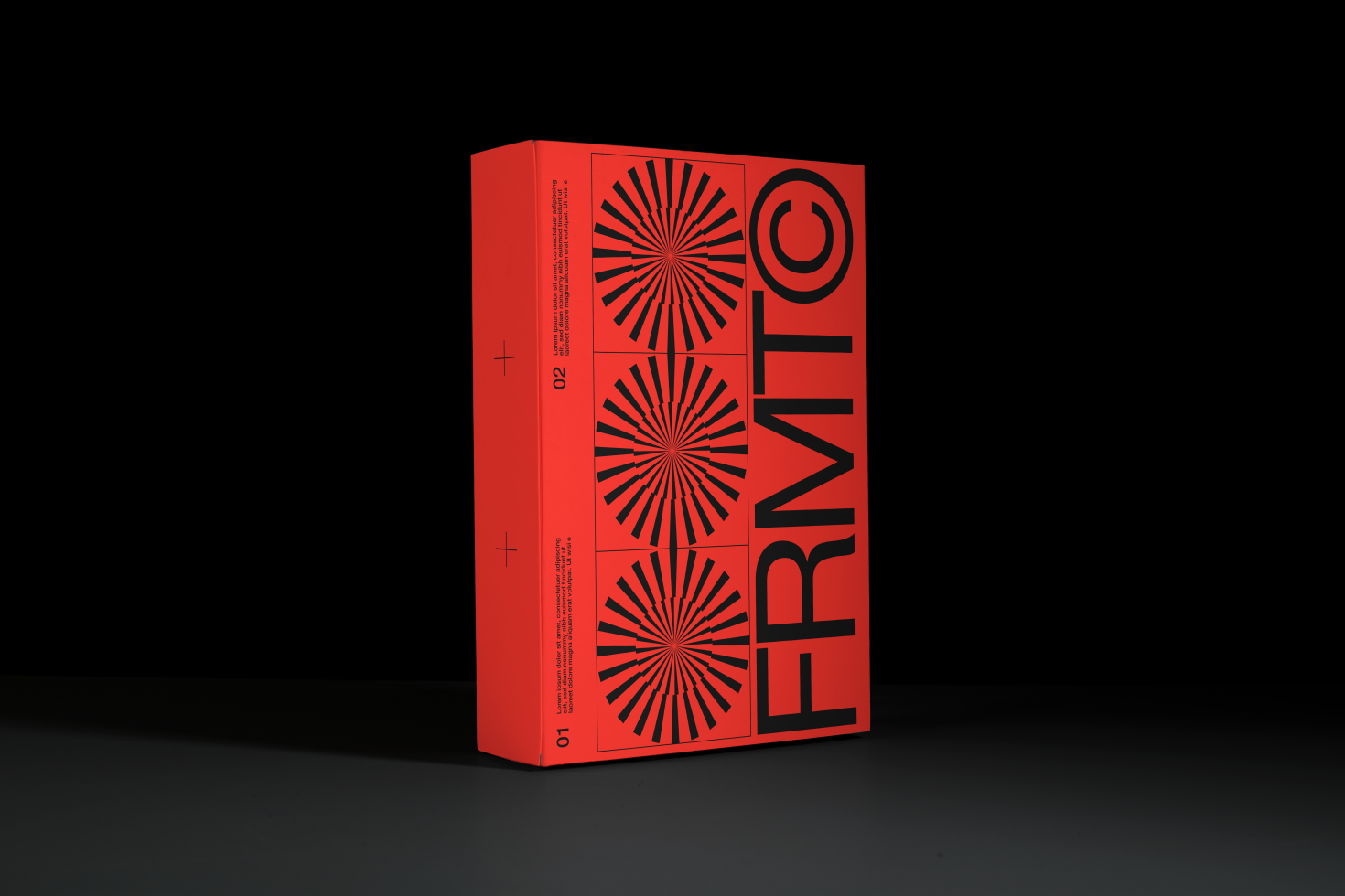 Vibrant orange packaging mockup with abstract graphics and bold typography on a dark background, perfect for presentations and branding.