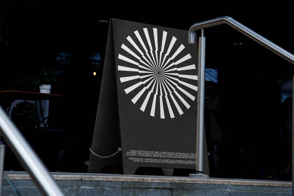 Outdoor graphic design poster mockup with radial pattern in urban environment, ideal for presenting advertising and branding designs.