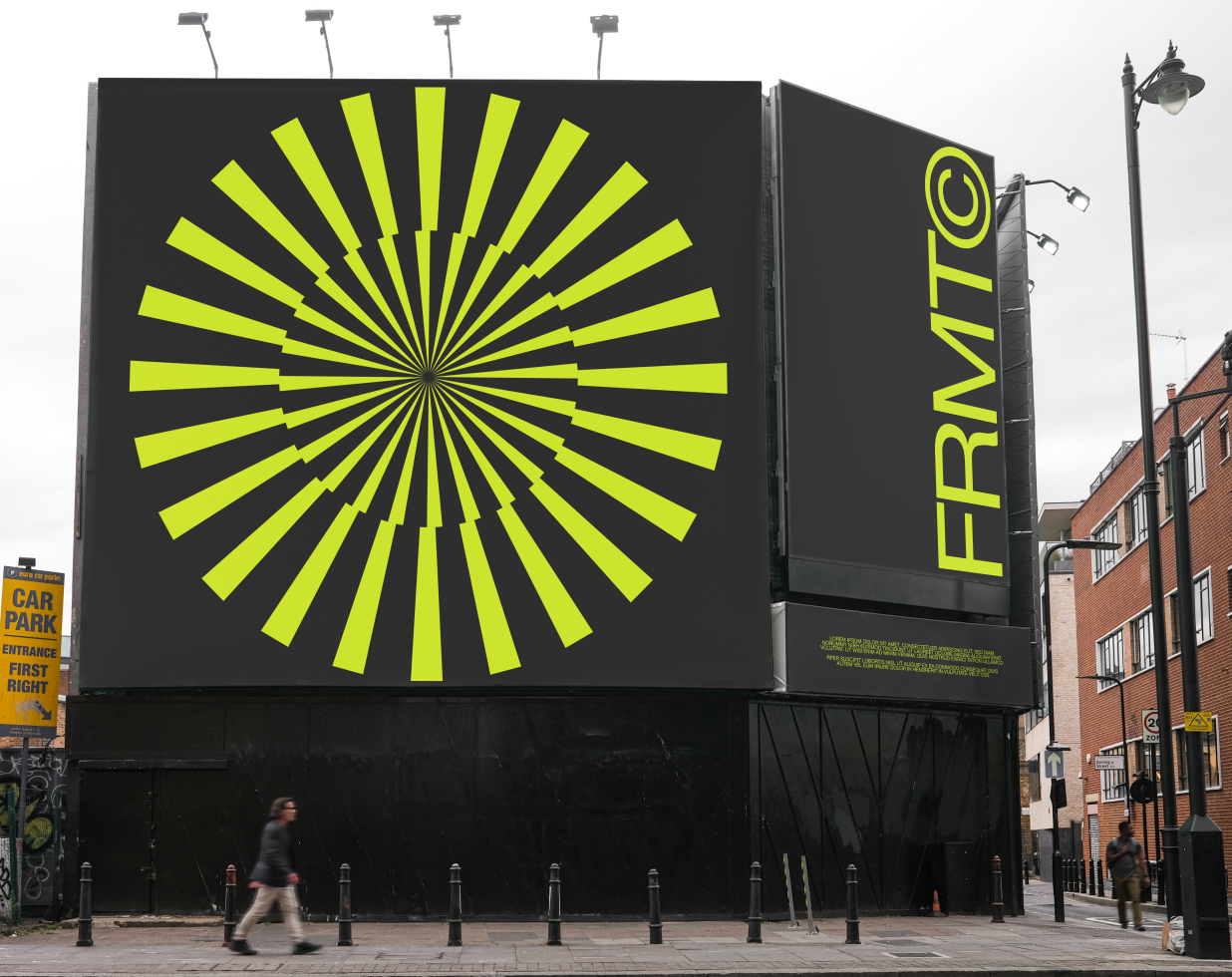 Urban billboard mockup with dynamic yellow abstract design, street view with pedestrian, suitable for advertising and graphic display.