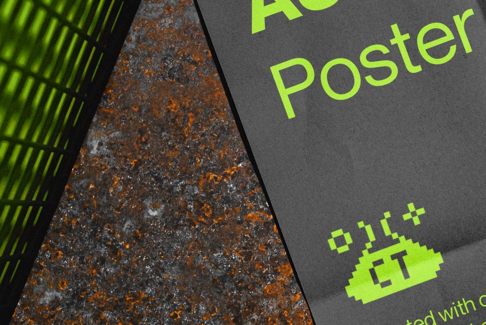 Vibrant green text and graphics on dark poster mockup with grunge textures, ideal for designers looking for bold presentation materials.