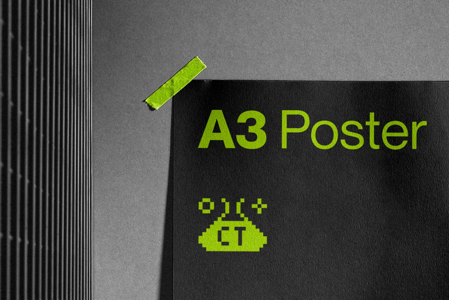 A3 poster mockup with neon green accents on dark background, pixel art lab icon, textured paper, designer presentation asset.