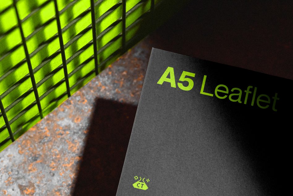 Professional A5 leaflet mockup on dark background, showcasing neon effect font and minimalist design, ideal for graphic presentations and templates.